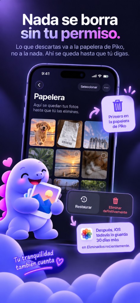Papelera de Piko con opciones de restaurar o eliminar